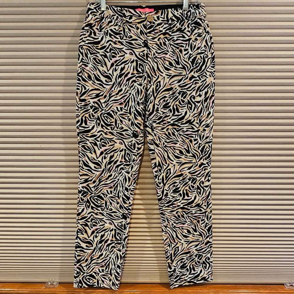 Lilly Pulitzer Kelly Ankle Pants Womens 8 Zebra Print Pink Black Stretch Cotton